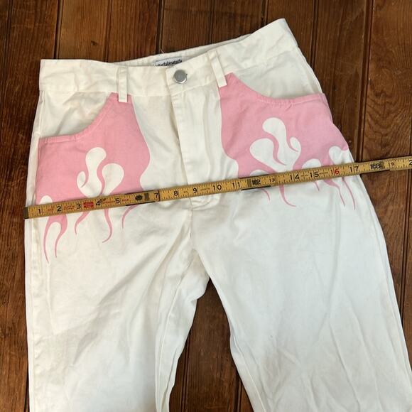 Colorful Natalie White boot leg mid rise Pants with Pink Flame Design - Picture 3 of 8